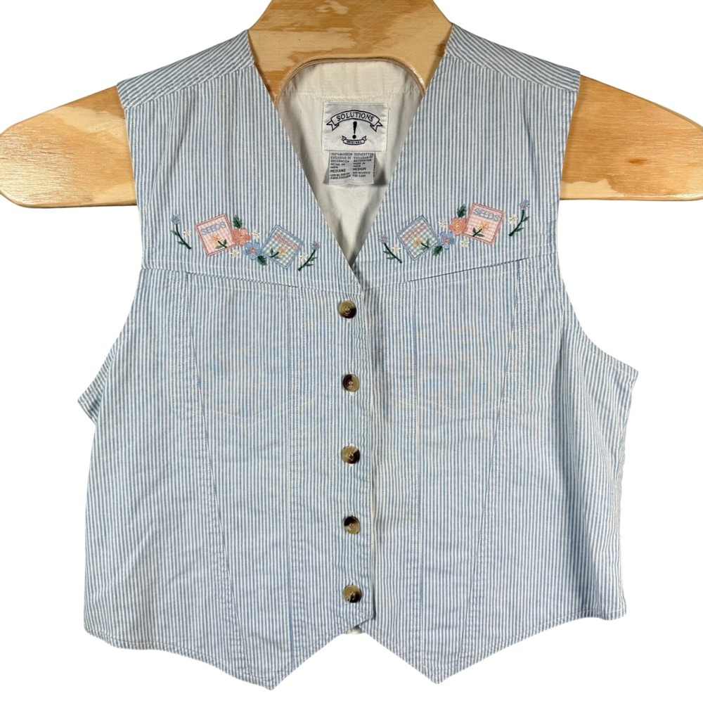Solutions Original Embroidered Seed Packet Vest Women Medium Blue Stripe Grandma